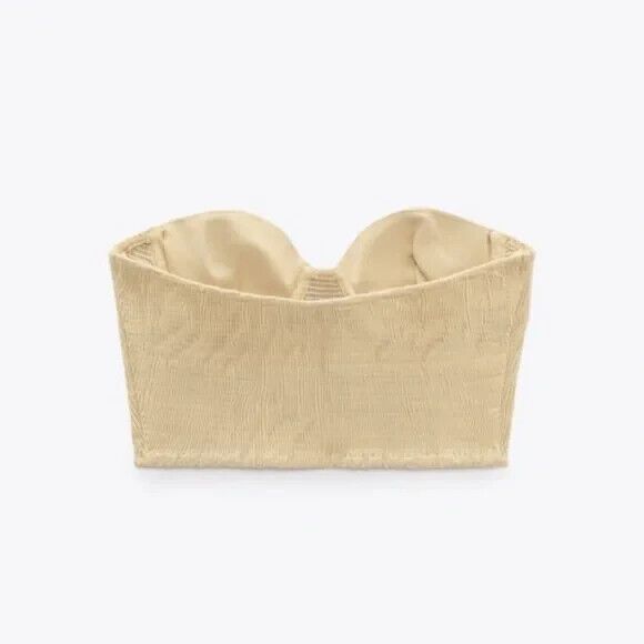 Zara Bustier Crop Top MEDIUM Beige Linen Blend Wire Corset Sweetheart Smocked - Picture 9 of 14